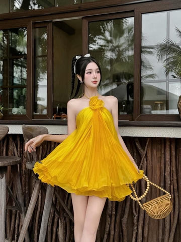 Cute A Line Halter Pleated Flower Yellow Chiffon Short Homecoming Dress Outfits HZ1023